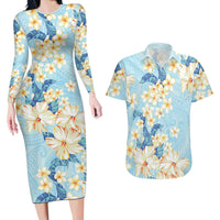 Hawaii Hibiscus Plumeria Blue Couples Matching Long Sleeve Bodycon Dress and Hawaiian Shirt Polynesian Pattern LT01 Blue - Polynesian Pride