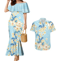 Hawaii Hibiscus Plumeria Blue Couples Matching Mermaid Dress and Hawaiian Shirt Polynesian Pattern