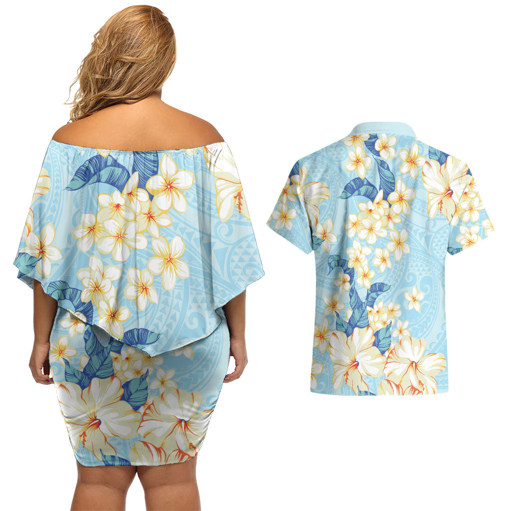 Hawaii Hibiscus Plumeria Blue Couples Matching Off Shoulder Short Dress and Hawaiian Shirt Polynesian Pattern