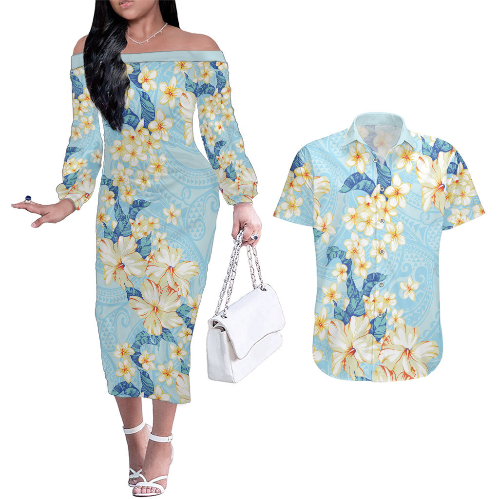 Hawaii Hibiscus Plumeria Blue Couples Matching Off The Shoulder Long Sleeve Dress and Hawaiian Shirt Polynesian Pattern