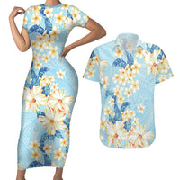 Hawaii Hibiscus Plumeria Blue Couples Matching Short Sleeve Bodycon Dress and Hawaiian Shirt Polynesian Pattern LT01 Blue - Polynesian Pride