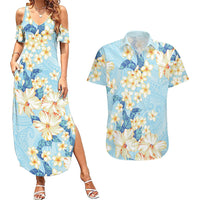 Hawaii Hibiscus Plumeria Blue Couples Matching Summer Maxi Dress and Hawaiian Shirt Polynesian Pattern