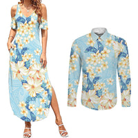 Hawaii Hibiscus Plumeria Blue Couples Matching Summer Maxi Dress and Long Sleeve Button Shirt Polynesian Pattern