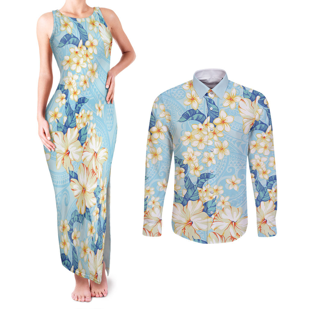 Hawaii Hibiscus Plumeria Blue Couples Matching Tank Maxi Dress and Long Sleeve Button Shirt Polynesian Pattern