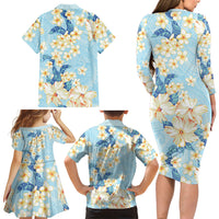 Hawaii Hibiscus Plumeria Blue Family Matching Long Sleeve Bodycon Dress and Hawaiian Shirt Polynesian Pattern LT01 - Polynesian Pride