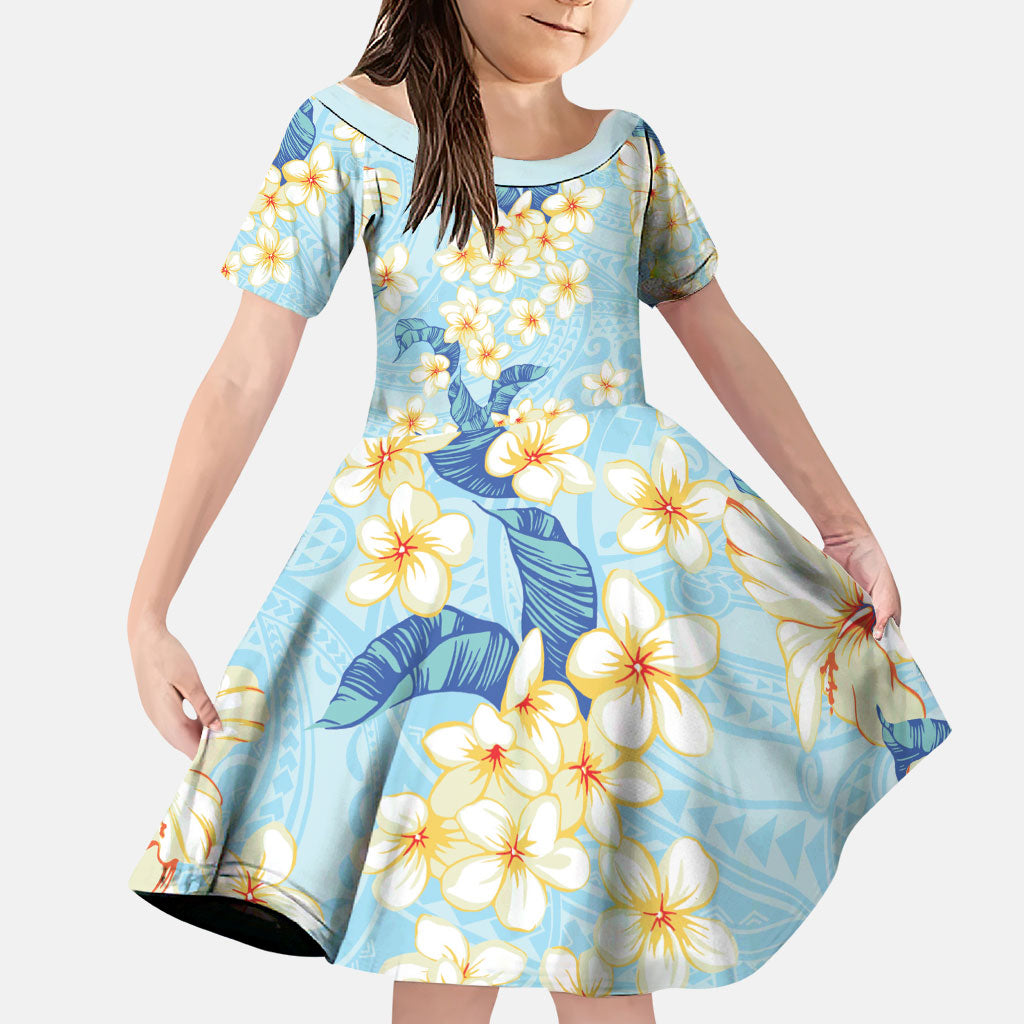 Hawaii Hibiscus Plumeria Blue Family Matching Mermaid Dress and Hawaiian Shirt Polynesian Pattern LT01 Daughter's Dress Blue - Polynesian Pride