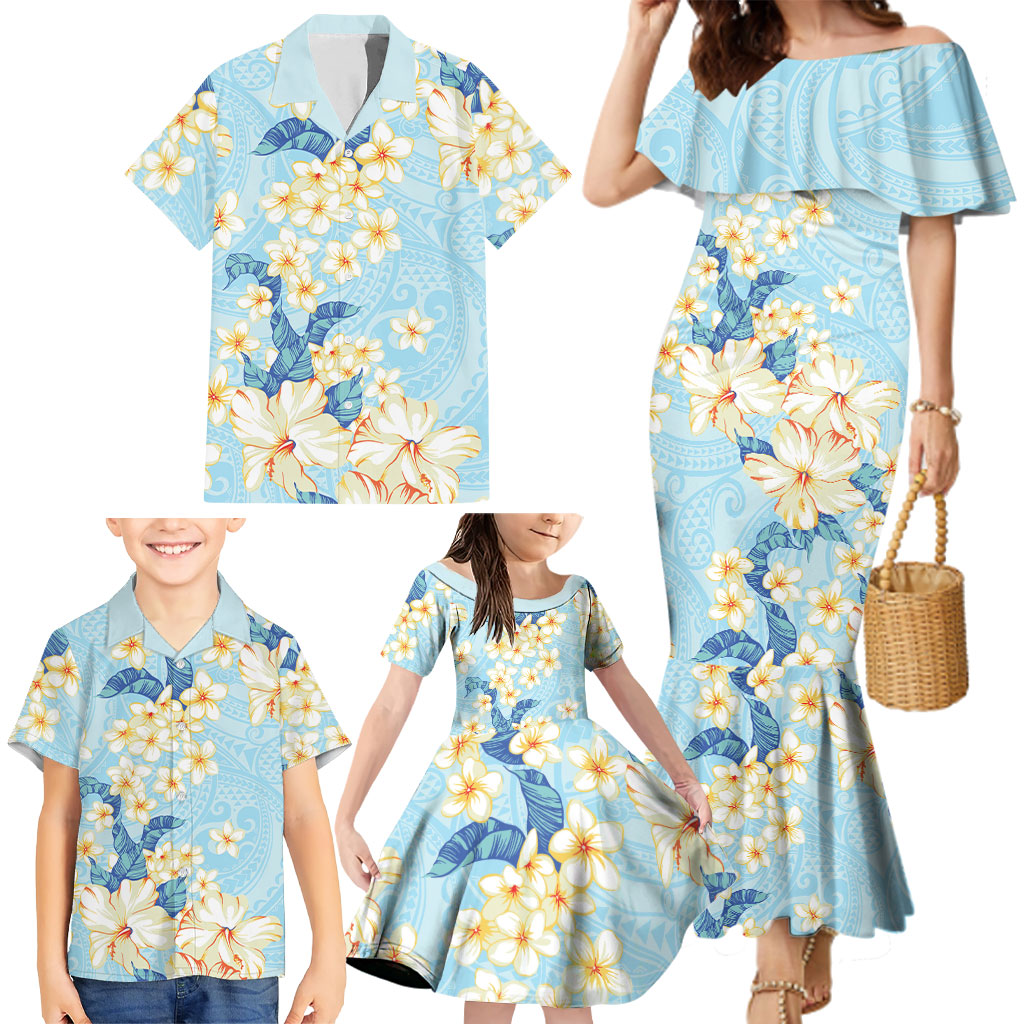 Hawaii Hibiscus Plumeria Blue Family Matching Mermaid Dress and Hawaiian Shirt Polynesian Pattern