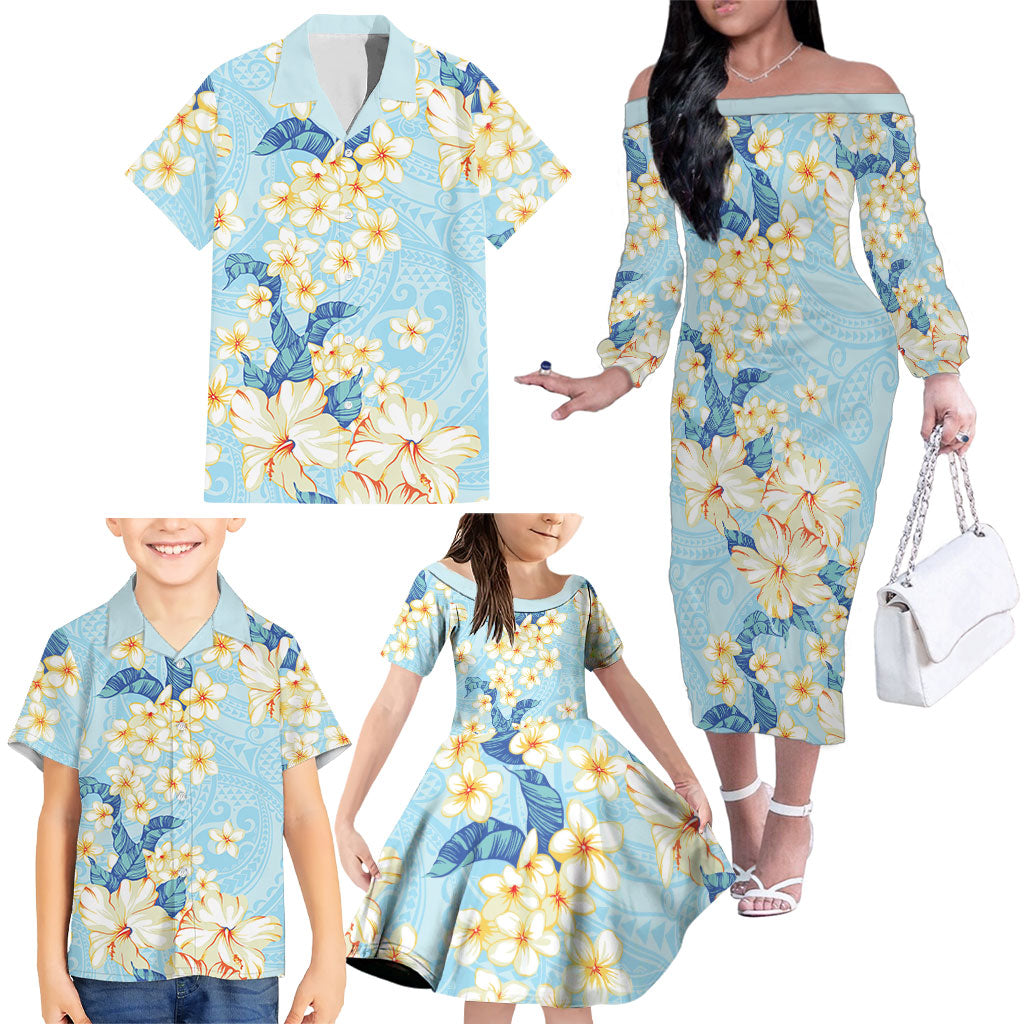 Hawaii Hibiscus Plumeria Blue Family Matching Off The Shoulder Long Sleeve Dress and Hawaiian Shirt Polynesian Pattern