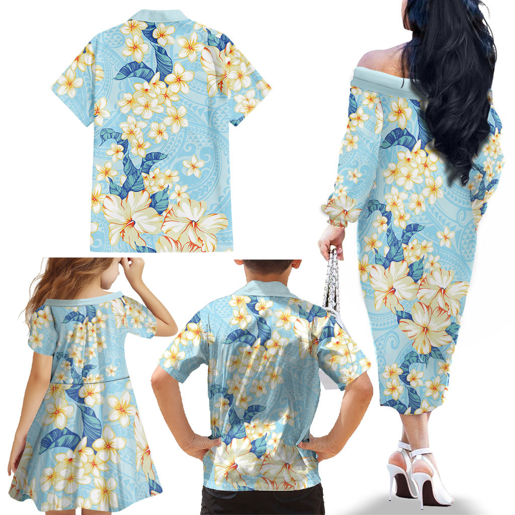 Hawaii Hibiscus Plumeria Blue Family Matching Off The Shoulder Long Sleeve Dress and Hawaiian Shirt Polynesian Pattern LT01 - Polynesian Pride