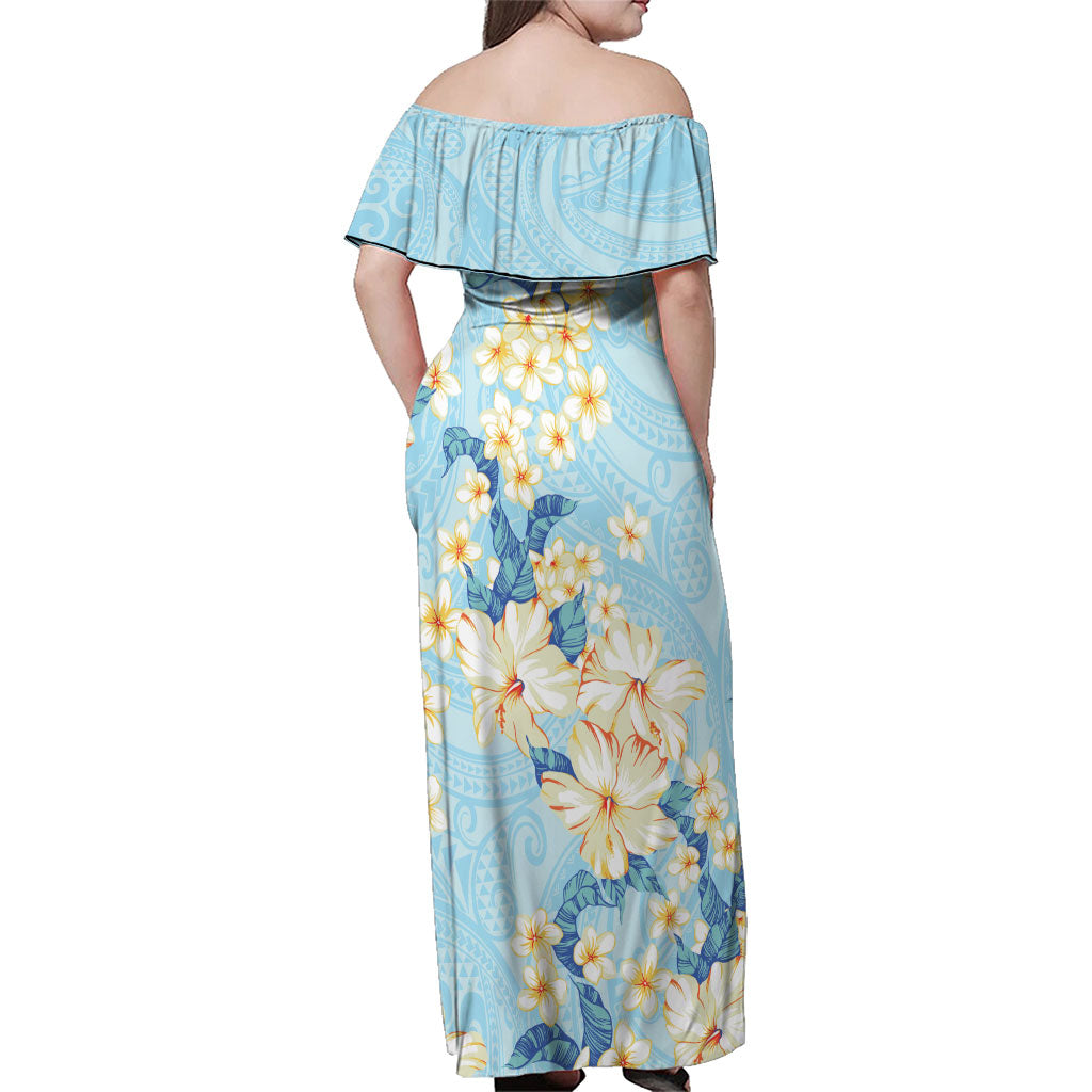 Hawaii Hibiscus Plumeria Blue Family Matching Off Shoulder Maxi Dress and Hawaiian Shirt Polynesian Pattern LT01 - Polynesian Pride