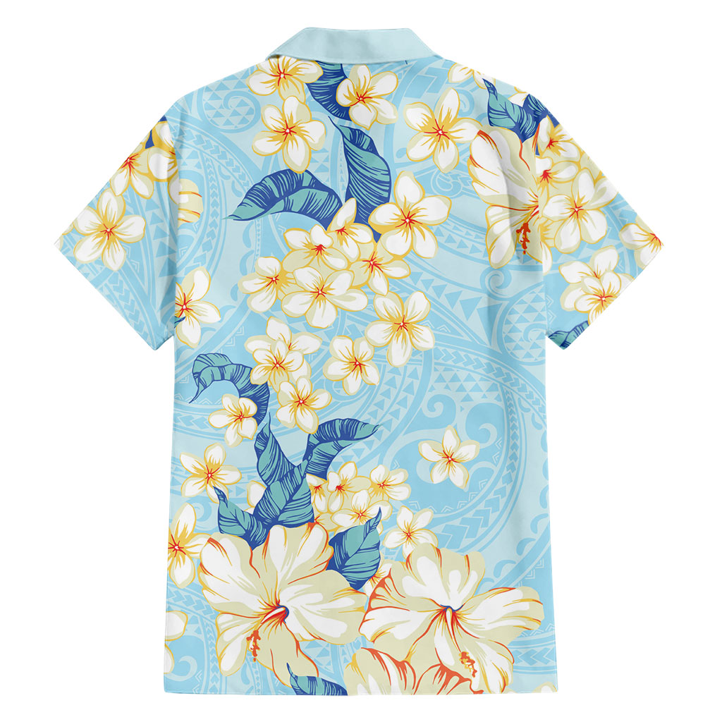Hawaii Hibiscus Plumeria Blue Family Matching Off Shoulder Short Dress and Hawaiian Shirt Polynesian Pattern LT01 - Polynesian Pride