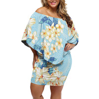Hawaii Hibiscus Plumeria Blue Family Matching Off Shoulder Short Dress and Hawaiian Shirt Polynesian Pattern LT01 Mom's Dress Blue - Polynesian Pride