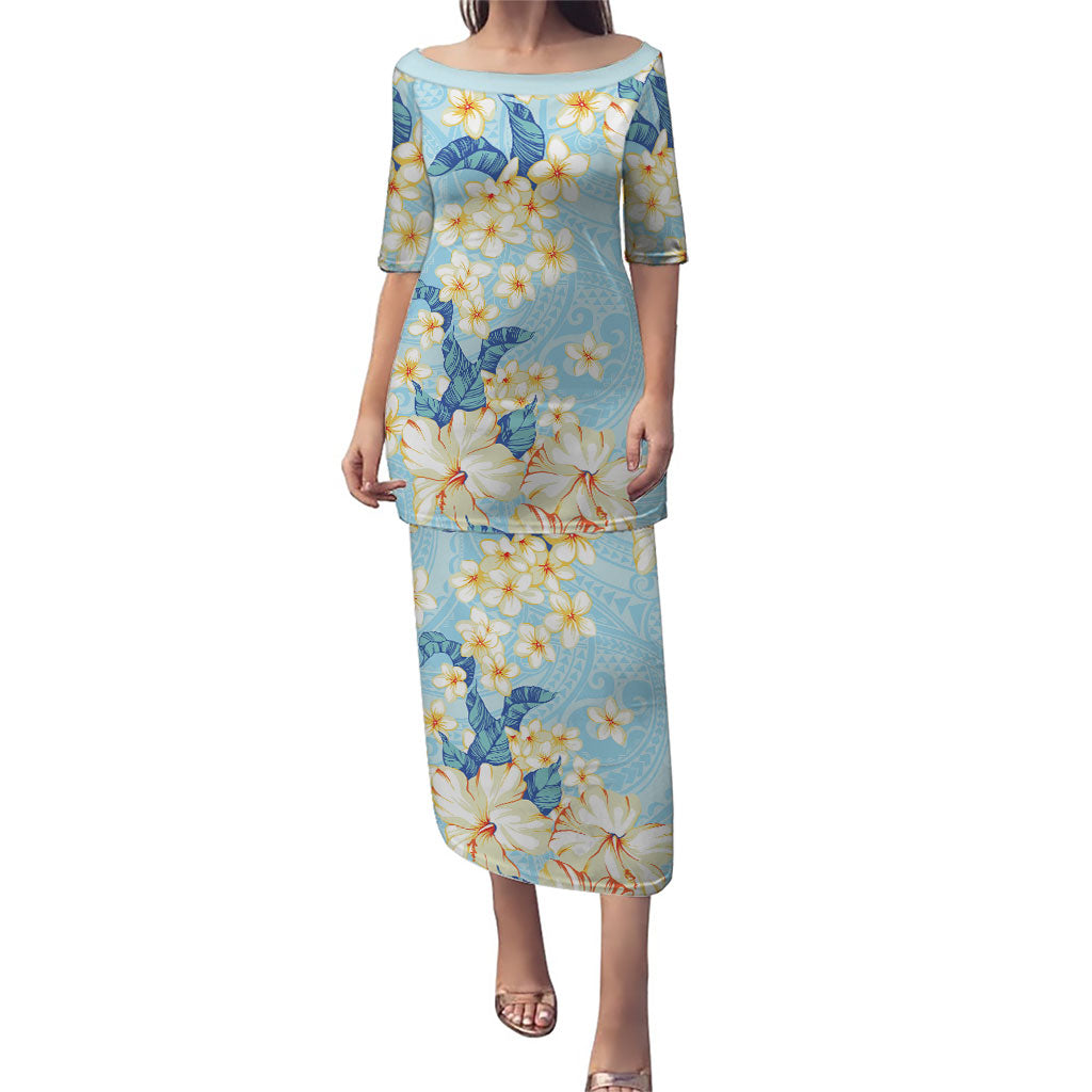 Hawaii Hibiscus Plumeria Blue Family Matching Puletasi and Hawaiian Shirt Polynesian Pattern LT01 Mom's Dress Blue - Polynesian Pride