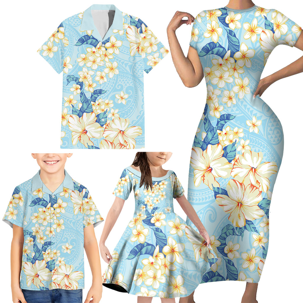 Hawaii Hibiscus Plumeria Blue Family Matching Short Sleeve Bodycon Dress and Hawaiian Shirt Polynesian Pattern LT01 - Polynesian Pride