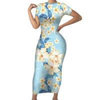 Hawaii Hibiscus Plumeria Blue Family Matching Short Sleeve Bodycon Dress and Hawaiian Shirt Polynesian Pattern LT01 Mom's Dress Blue - Polynesian Pride
