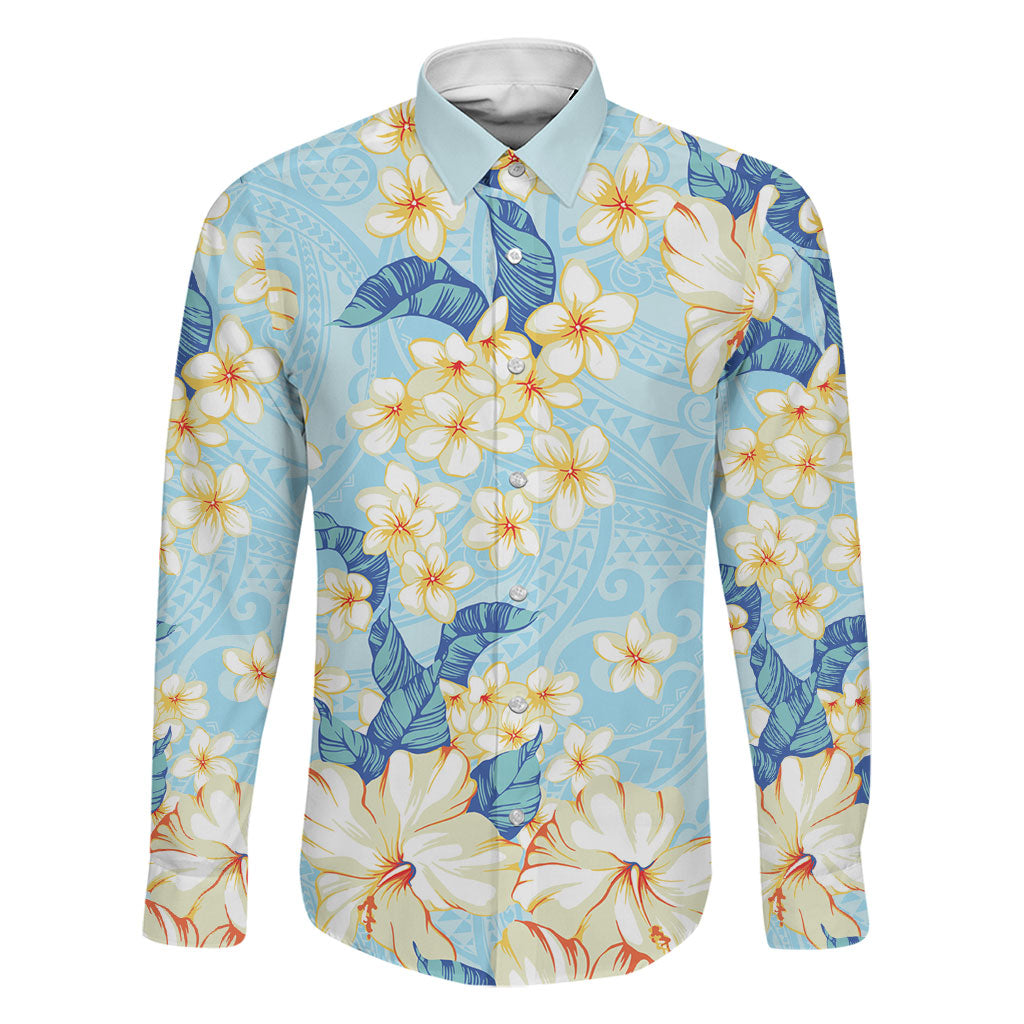 Hawaii Hibiscus Plumeria Blue Family Matching Summer Maxi Dress and Hawaiian Shirt Polynesian Pattern LT01 Dad's Shirt - Long Sleeve Blue - Polynesian Pride