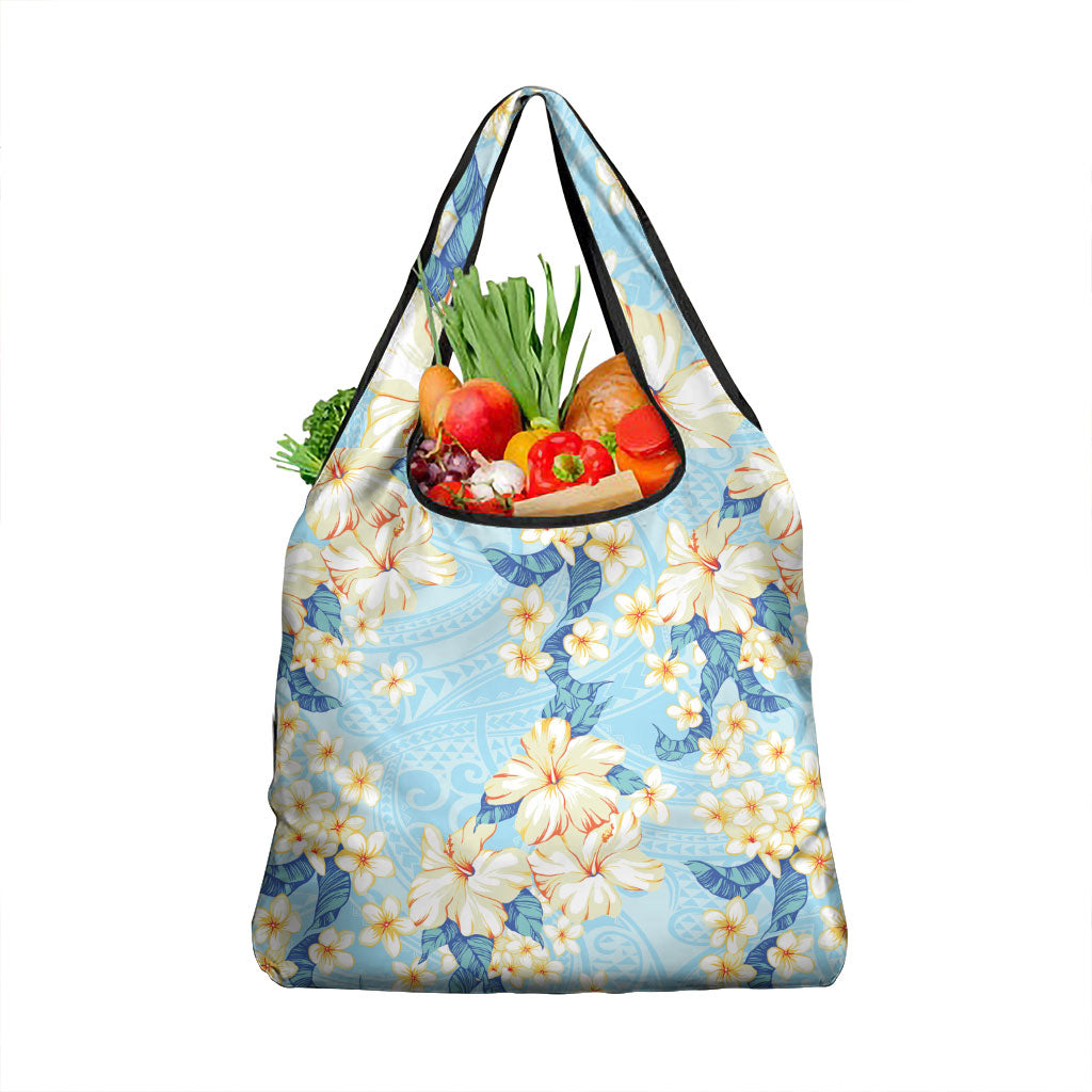 Hawaii Hibiscus Plumeria Blue Grocery Bag Polynesian Pattern