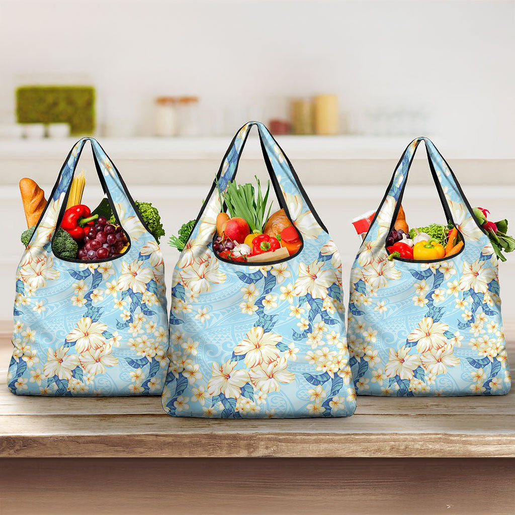 Hawaii Hibiscus Plumeria Blue Grocery Bag Polynesian Pattern