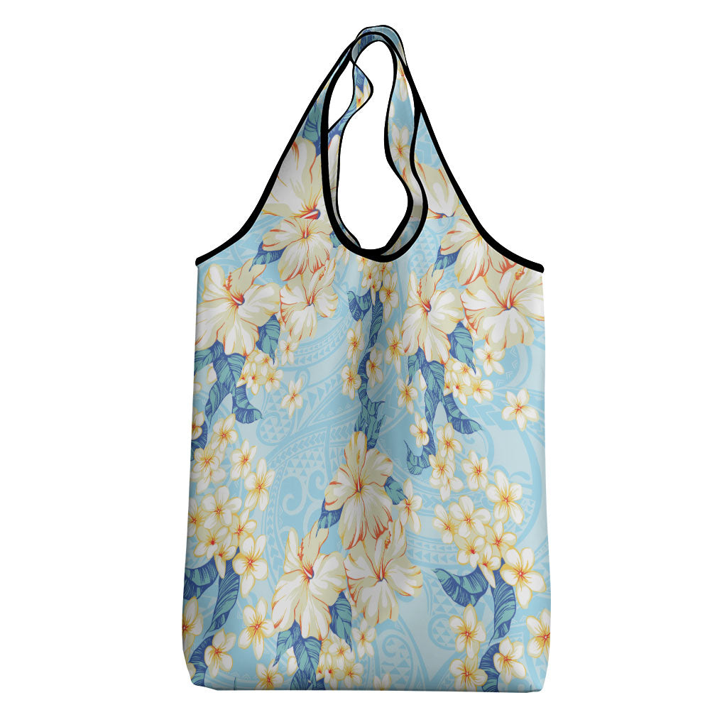 Hawaii Hibiscus Plumeria Blue Grocery Bag Polynesian Pattern
