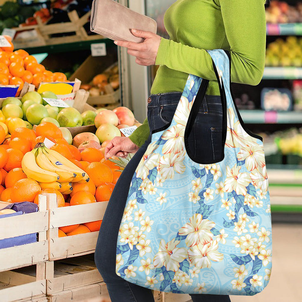 Hawaii Hibiscus Plumeria Blue Grocery Bag Polynesian Pattern