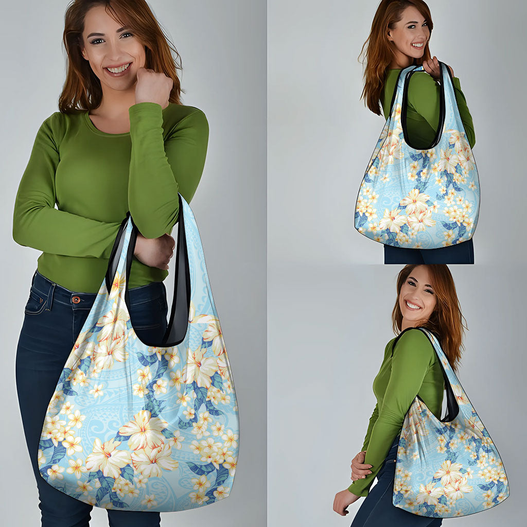 Hawaii Hibiscus Plumeria Blue Grocery Bag Polynesian Pattern