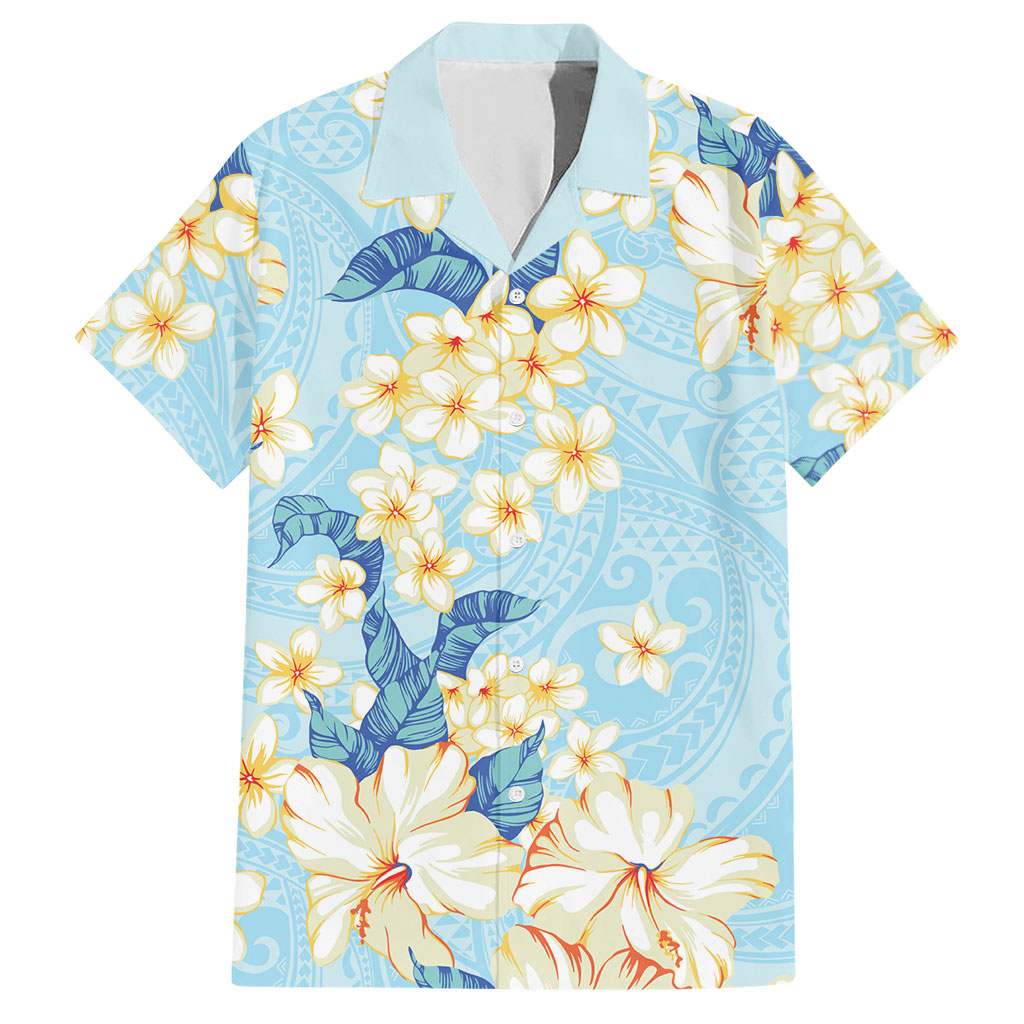 Hawaii Hibiscus Plumeria Blue Hawaiian Shirt Polynesian Pattern
