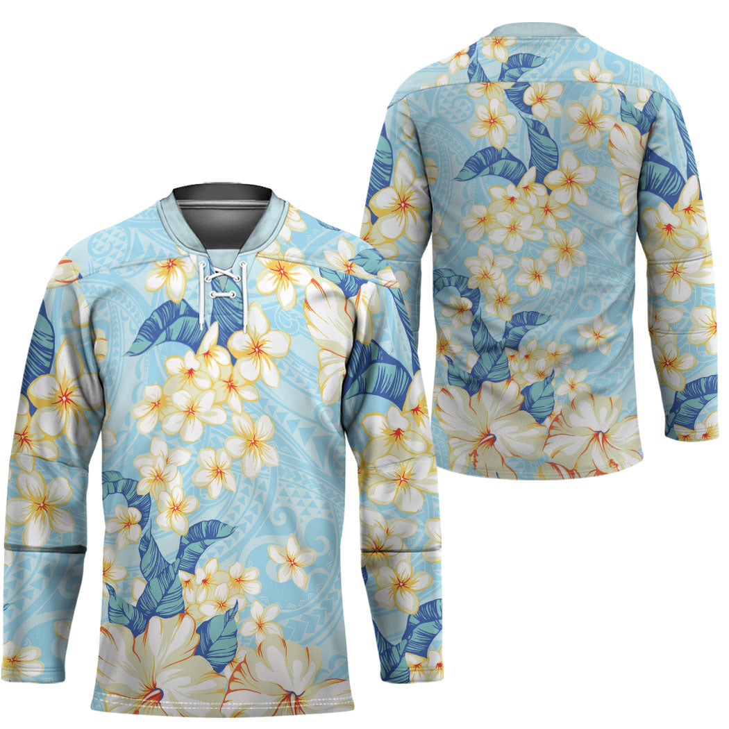 Hawaii Hibiscus Plumeria Blue Hockey Jersey Polynesian Pattern