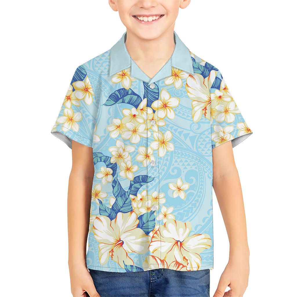 Hawaii Hibiscus Plumeria Blue Kid Hawaiian Shirt Polynesian Pattern