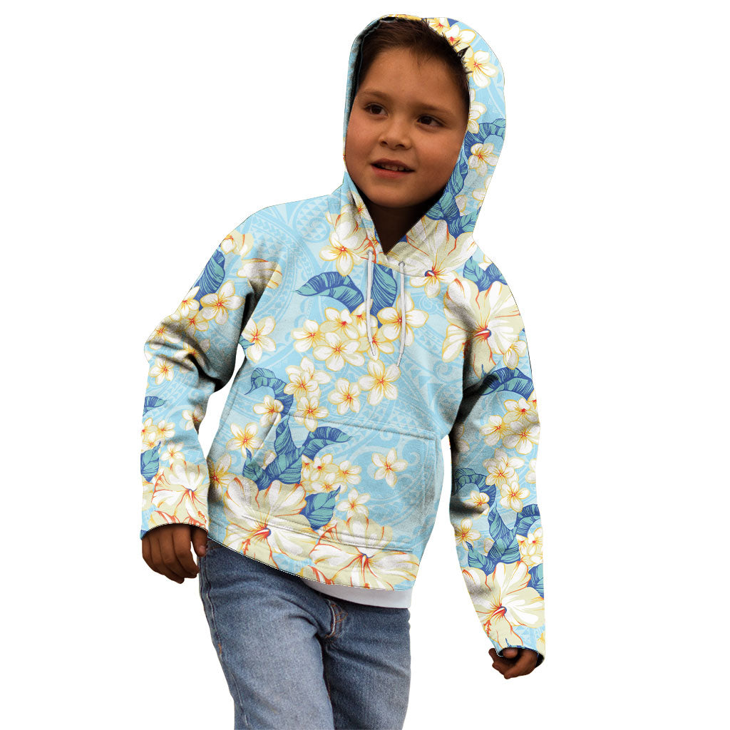 Hawaii Hibiscus Plumeria Blue Kid Hoodie Polynesian Pattern