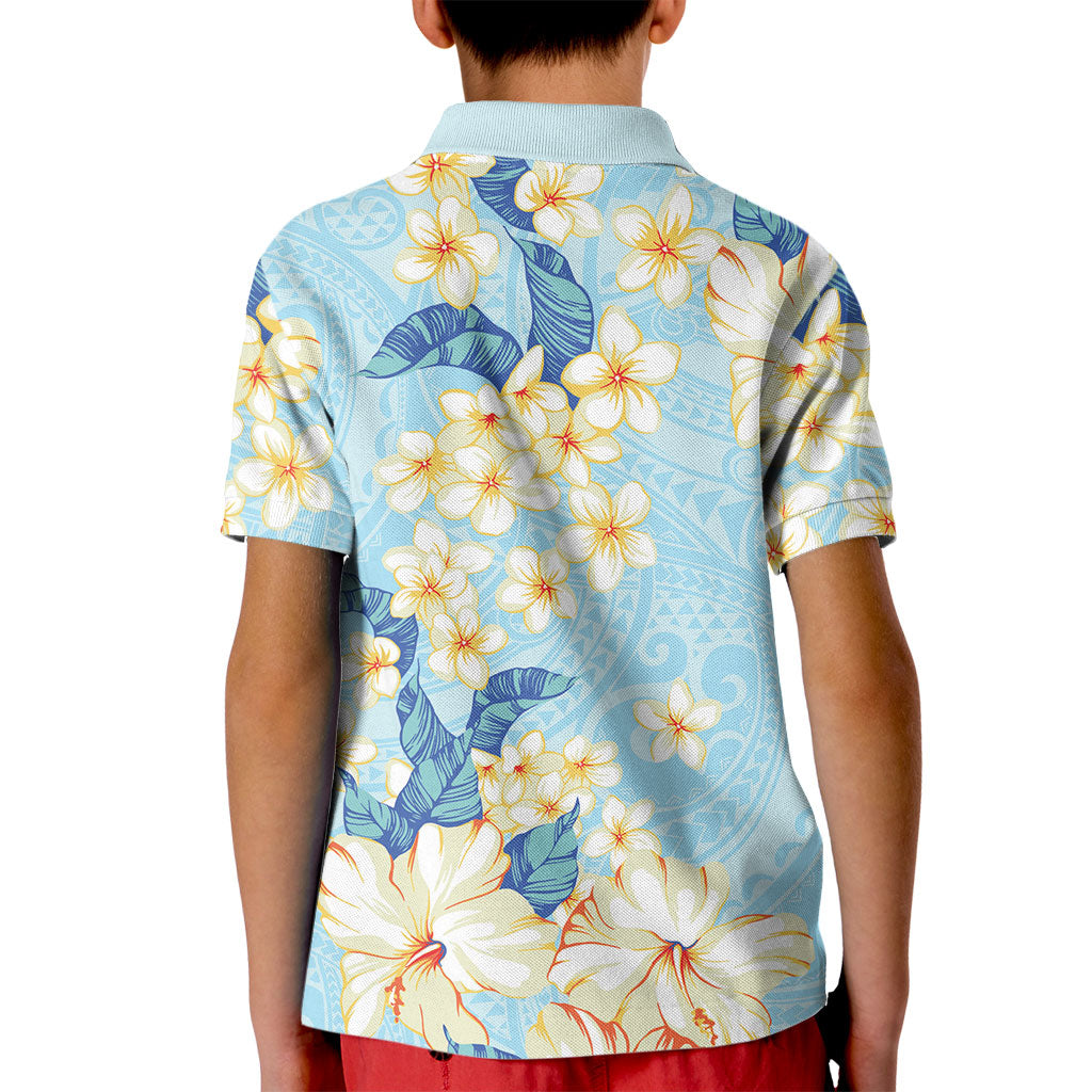 Hawaii Hibiscus Plumeria Blue Kid Polo Shirt Polynesian Pattern