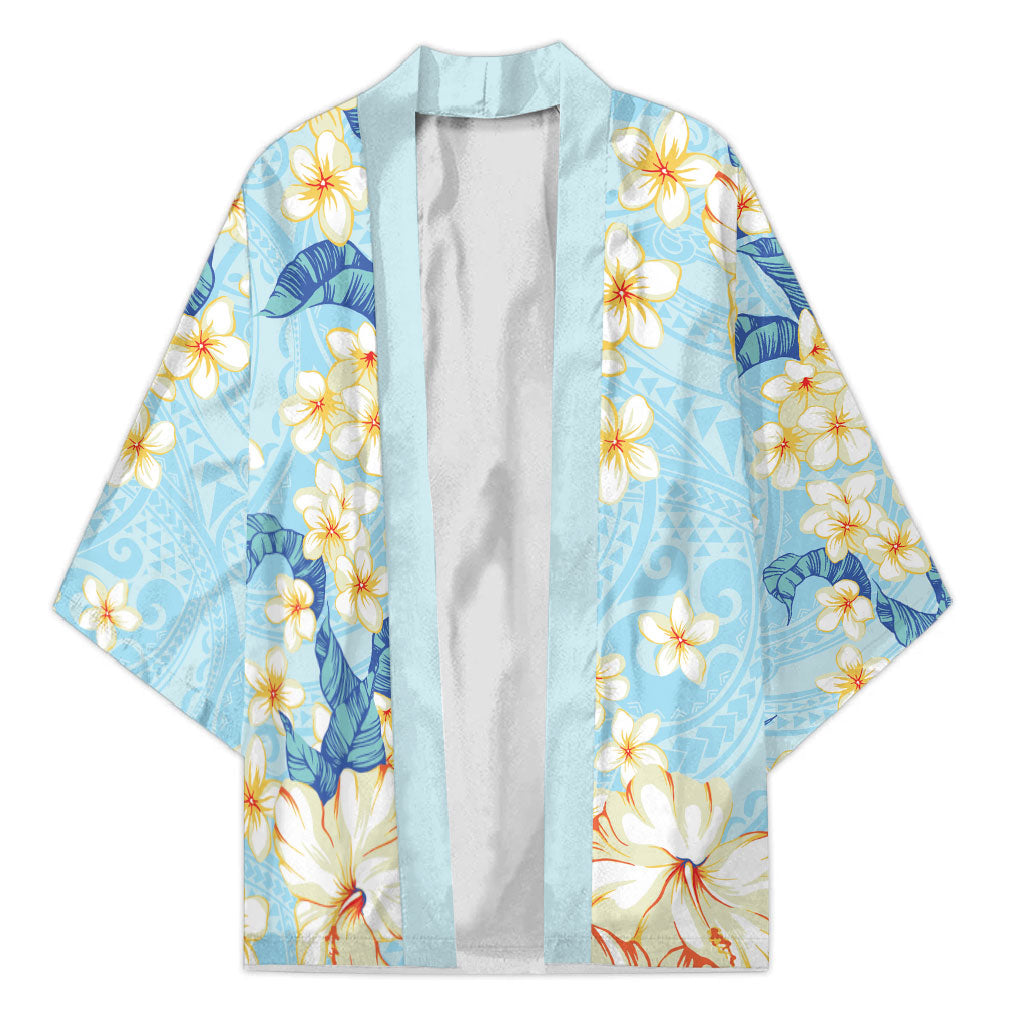 Hawaii Hibiscus Plumeria Blue Kimono Polynesian Pattern