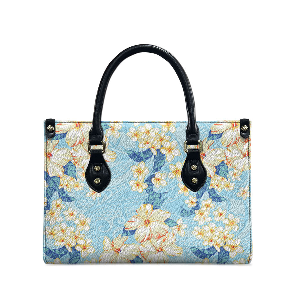 Hawaii Hibiscus Plumeria Blue Leather Bag Polynesian Pattern