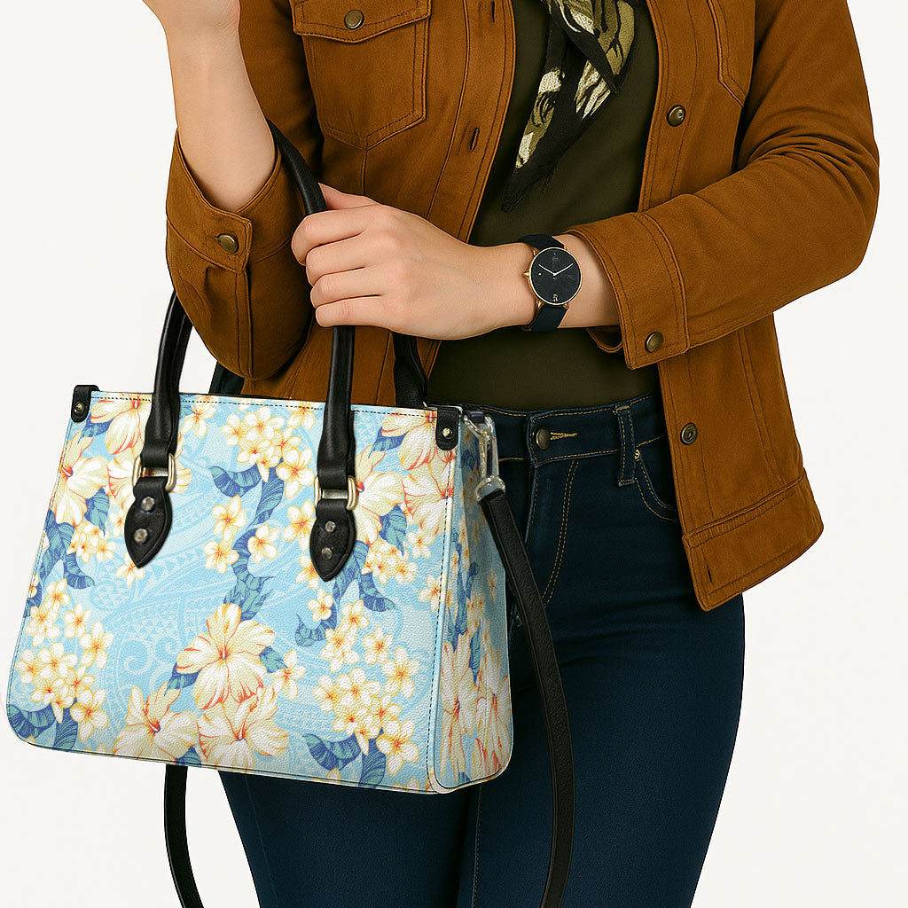 Hawaii Hibiscus Plumeria Blue Leather Bag Polynesian Pattern