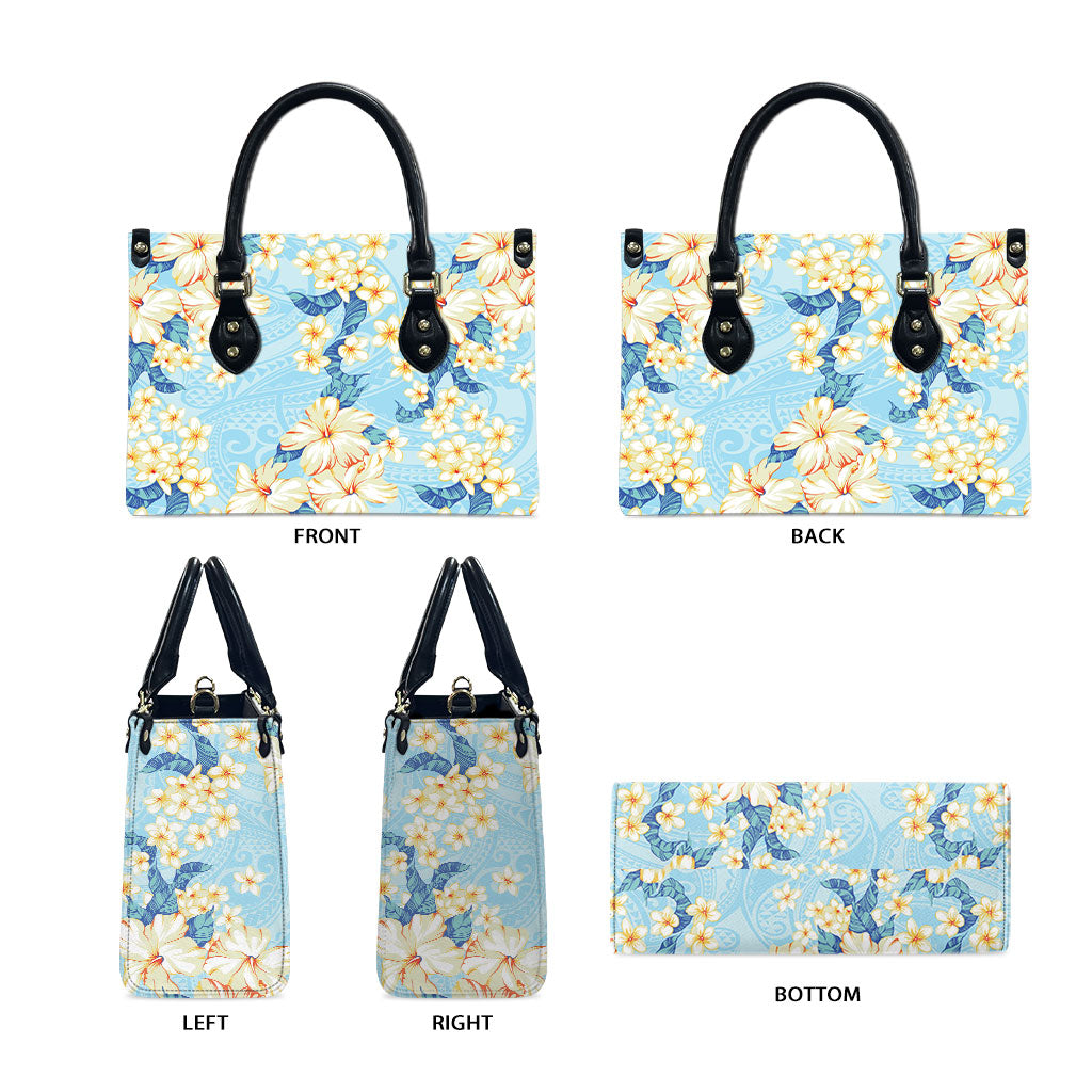 Hawaii Hibiscus Plumeria Blue Leather Bag Polynesian Pattern