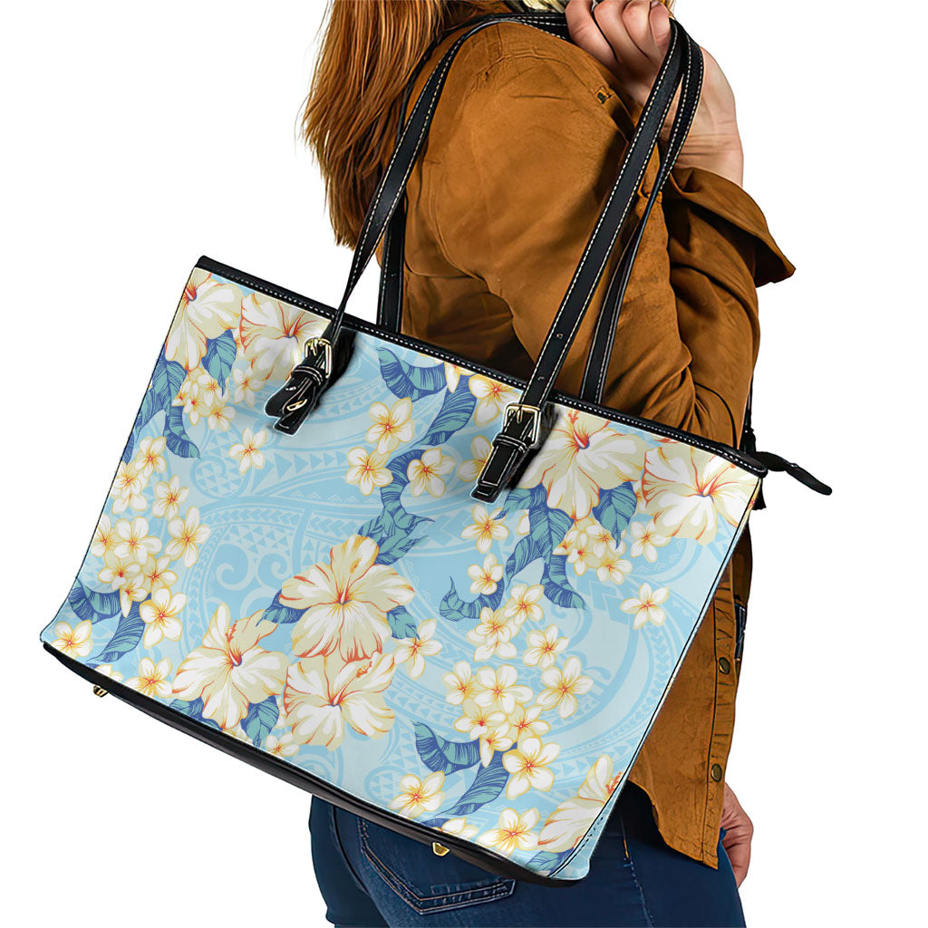 Hawaii Hibiscus Plumeria Blue Leather Tote Bag Polynesian Pattern