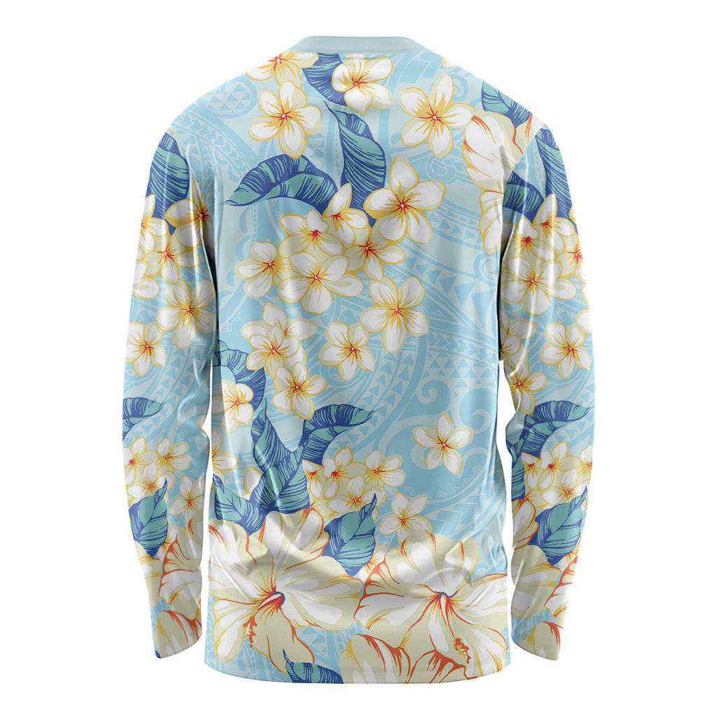 Hawaii Hibiscus Plumeria Blue Long Sleeve Shirt Polynesian Pattern