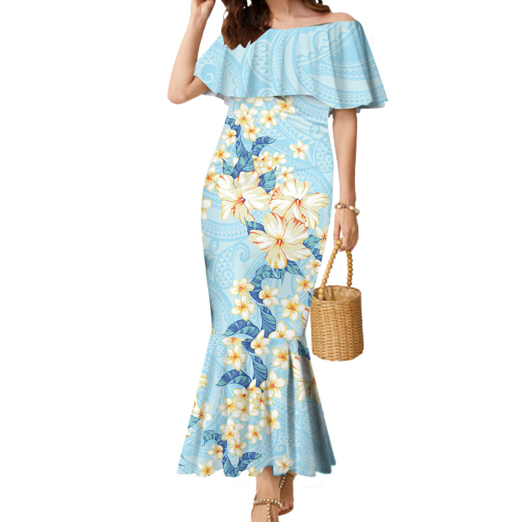 Hawaii Hibiscus Plumeria Blue Mermaid Dress Polynesian Pattern