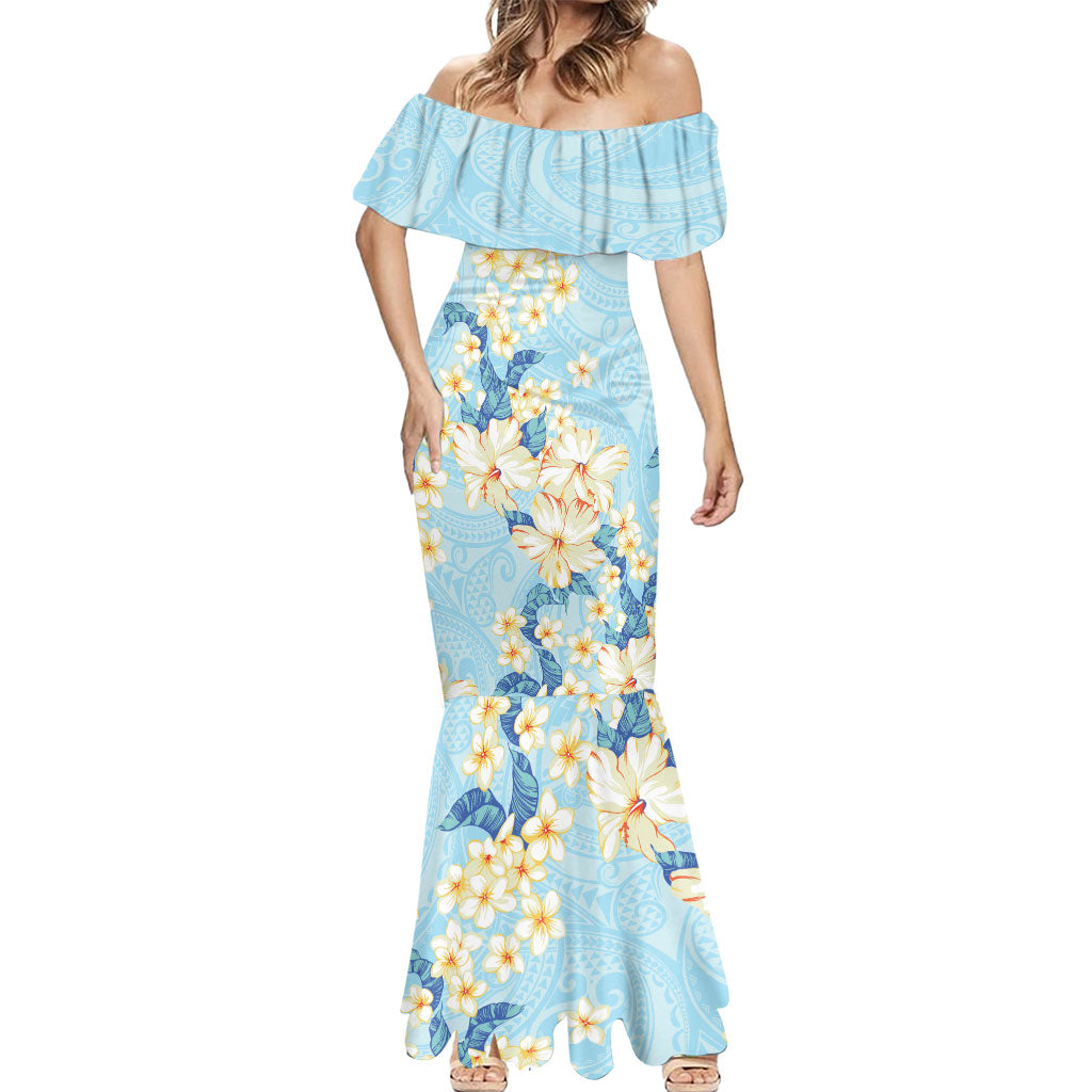 Hawaii Hibiscus Plumeria Blue Mermaid Dress Polynesian Pattern