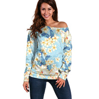 Hawaii Hibiscus Plumeria Blue Off Shoulder Sweater Polynesian Pattern