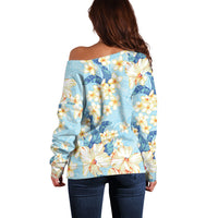 Hawaii Hibiscus Plumeria Blue Off Shoulder Sweater Polynesian Pattern