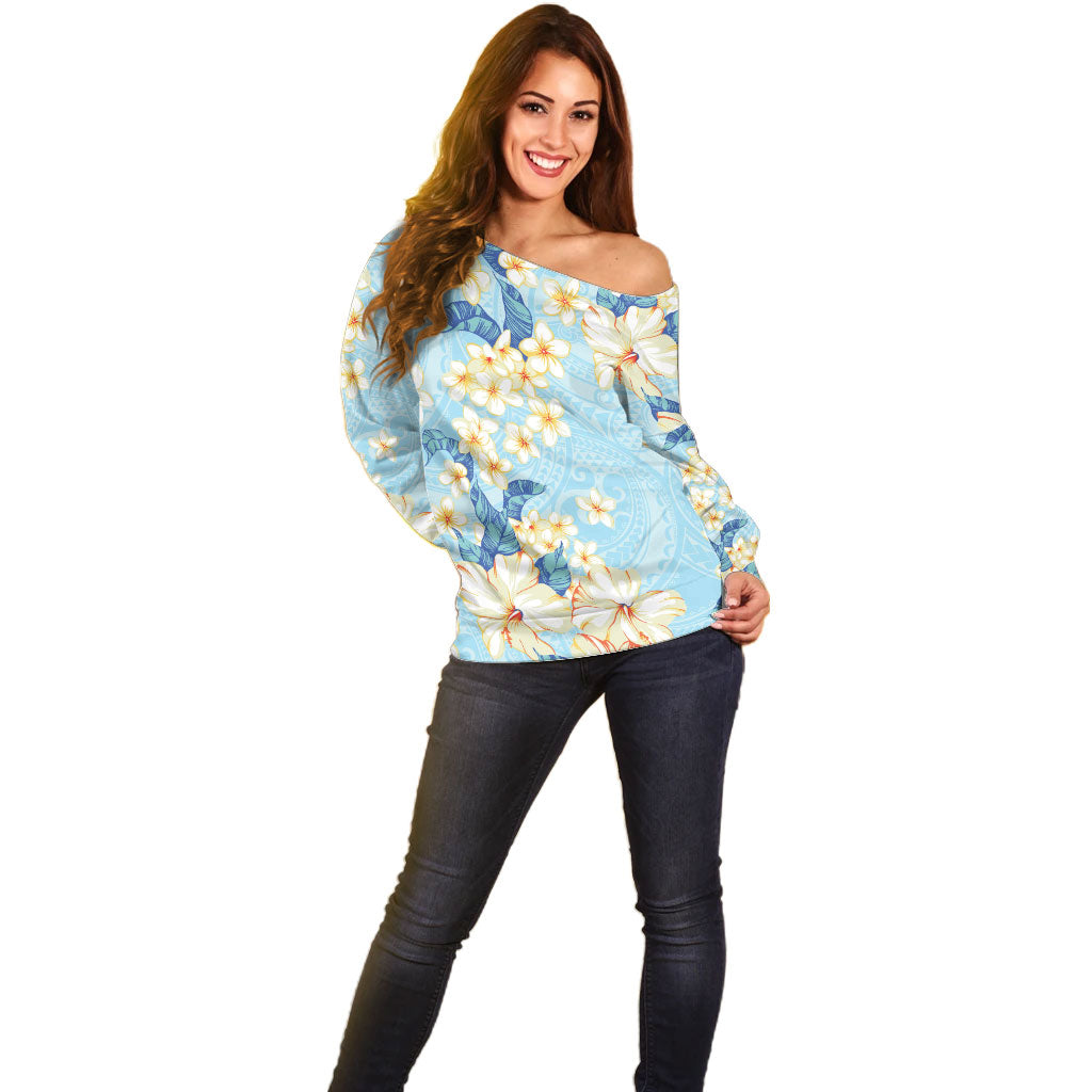 Hawaii Hibiscus Plumeria Blue Off Shoulder Sweater Polynesian Pattern