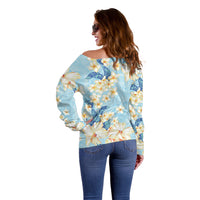 Hawaii Hibiscus Plumeria Blue Off Shoulder Sweater Polynesian Pattern