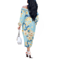 Hawaii Hibiscus Plumeria Blue Off The Shoulder Long Sleeve Dress Polynesian Pattern