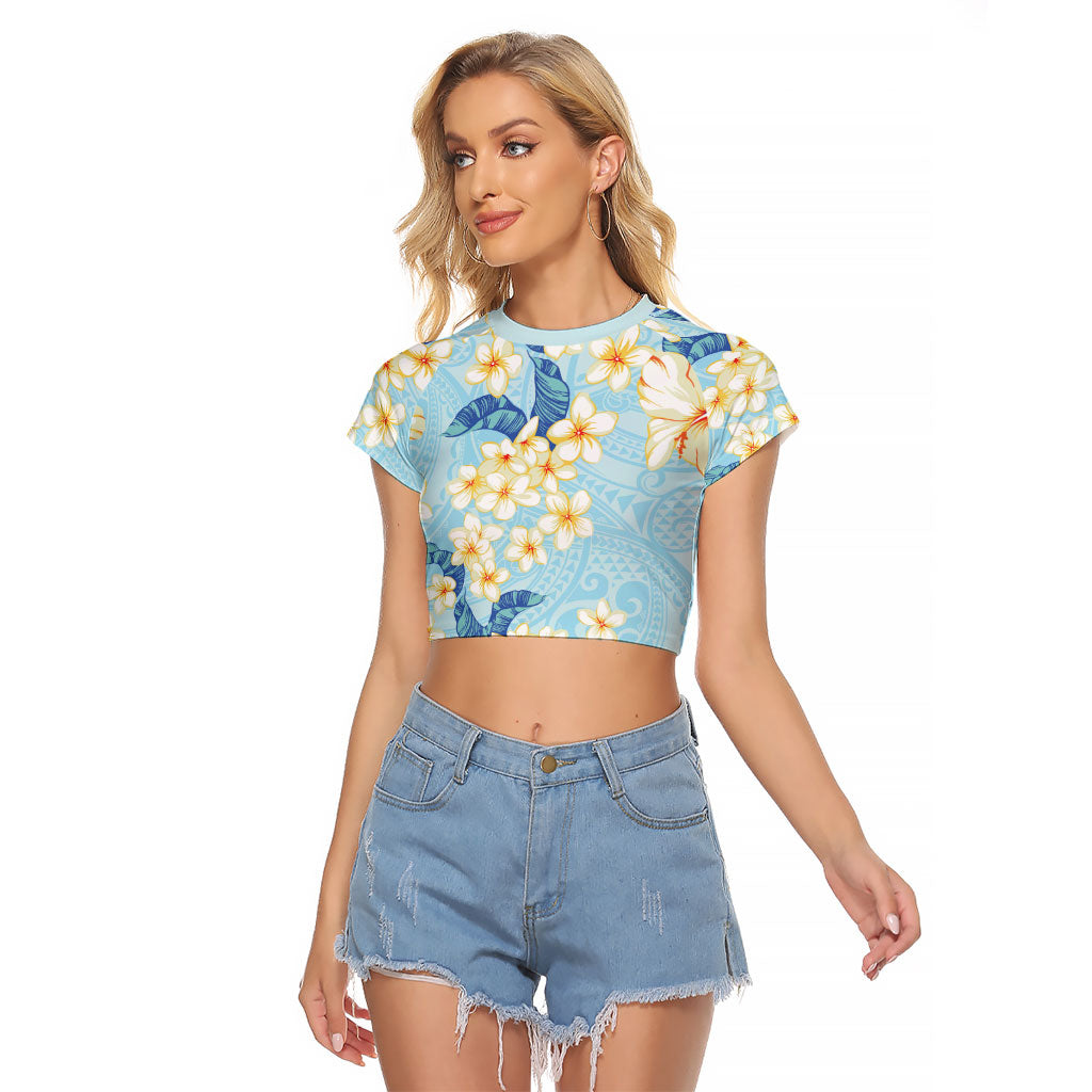 Hawaii Hibiscus Plumeria Blue Raglan Cropped T Shirt Polynesian Pattern