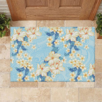 Hawaii Hibiscus Plumeria Blue Rubber Doormat Polynesian Pattern