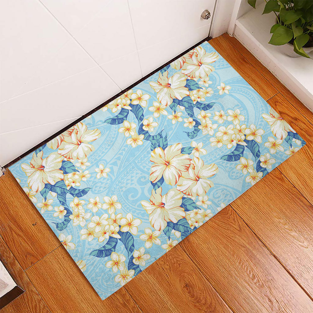 Hawaii Hibiscus Plumeria Blue Rubber Doormat Polynesian Pattern