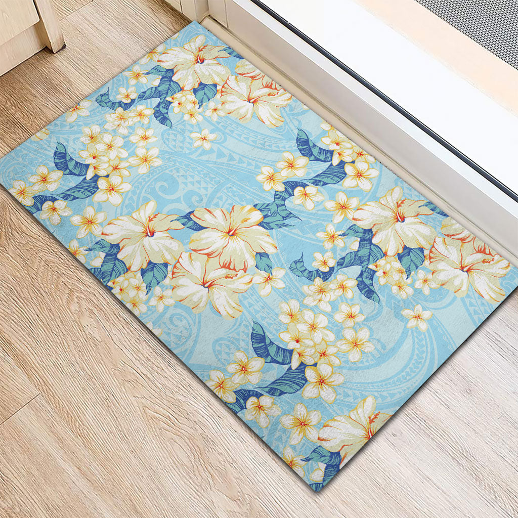 Hawaii Hibiscus Plumeria Blue Rubber Doormat Polynesian Pattern