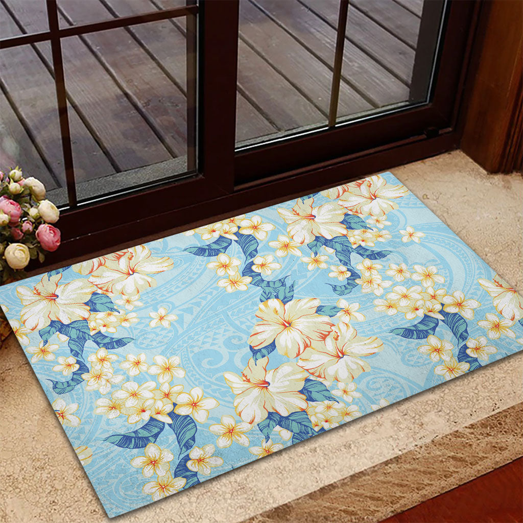 Hawaii Hibiscus Plumeria Blue Rubber Doormat Polynesian Pattern