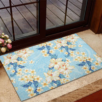 Hawaii Hibiscus Plumeria Blue Rubber Doormat Polynesian Pattern
