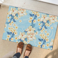 Hawaii Hibiscus Plumeria Blue Rubber Doormat Polynesian Pattern